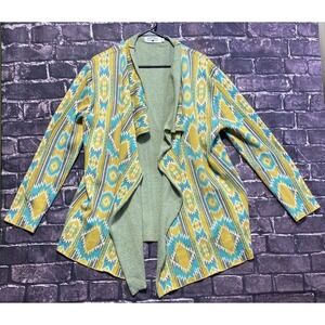 Crazy Train Aztec Open Front Cardigan Sweater Women Large Blue Yellow Western